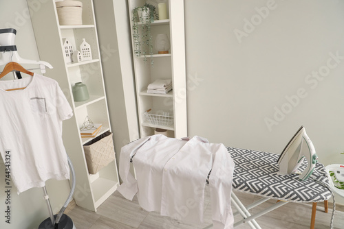 Interior of laundry room with garment steamer and ironing board © Pixel-Shot