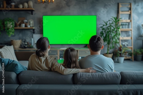 Family watching TV with green screen mock up