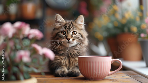Kitten Sitting on Table Next to Cup