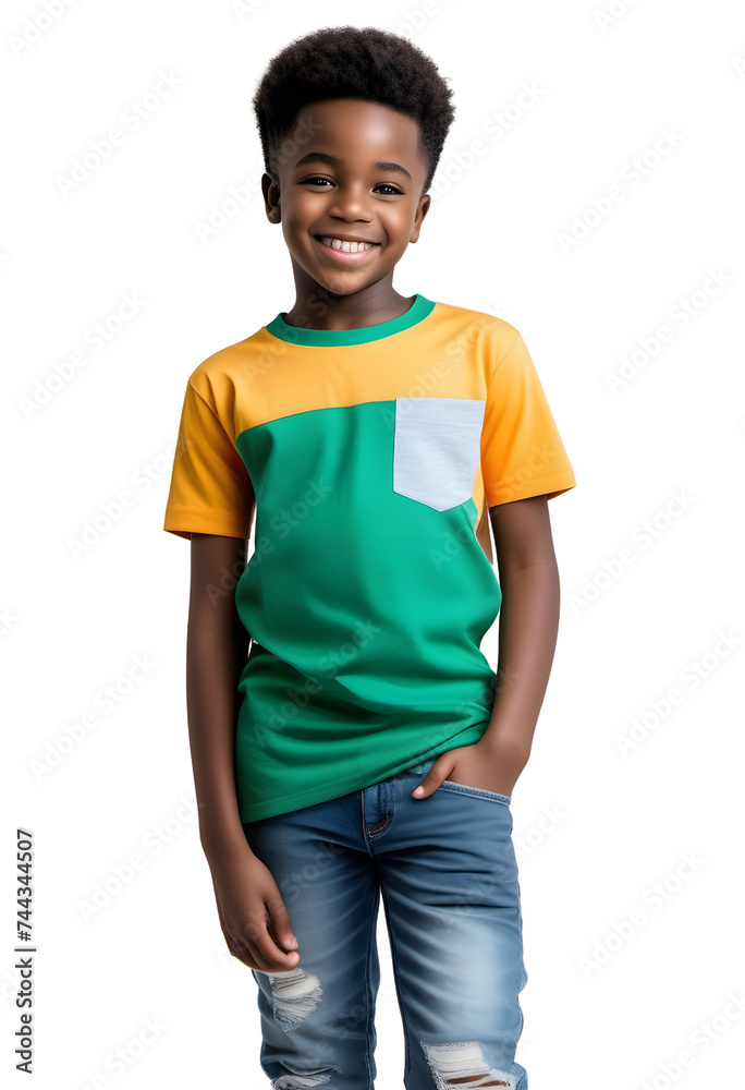 Young african american child boy in multicolored t-shirt on a transparent background smiling Young african american child boy in multicolored t-shirt on a transparent background smiling