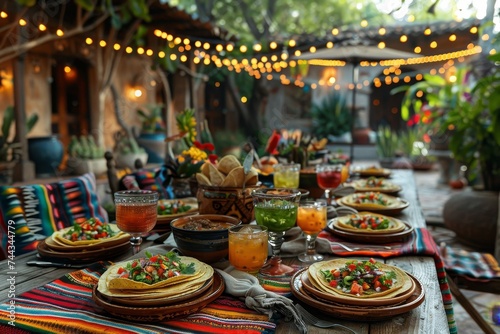 A cozy Mexican backyard fiesta, strings of lights, a table laden with tacos, salsa, guacamole, and margaritas, guests laughing with sombreros.