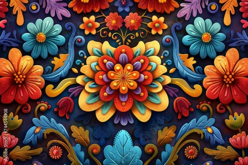 A detailed illustration of a Mexican folk art piece, colorful and intricate, representing the rich cultural heritage celebrated during Cinco de Mayo.
