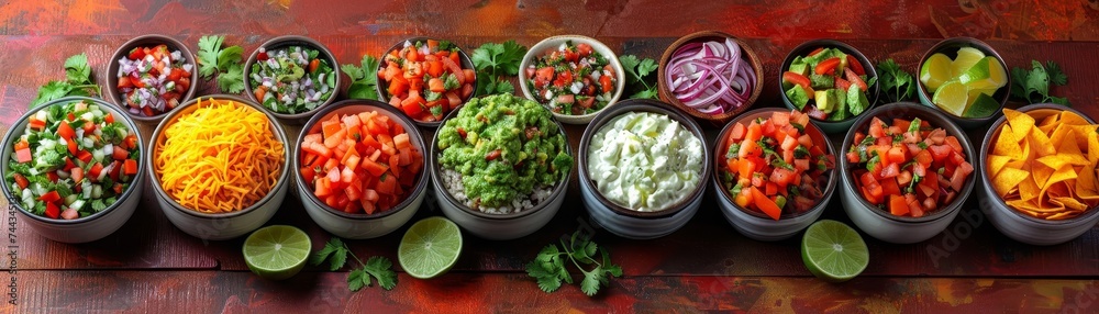 A vibrant Mexican spread with guacamole centerpiece, surrounded by enchiladas, nachos, and margaritas under papel picado decor. A vibrant Mexican spread with guacamole centerpiece, surrounded by enchiladas, nachos, and margaritas under papel picado decor.