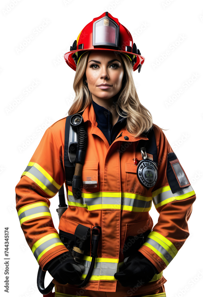 A firewoman wearing uniform with a red helmet on a transparent background A firewoman wearing uniform with a red helmet on a transparent background