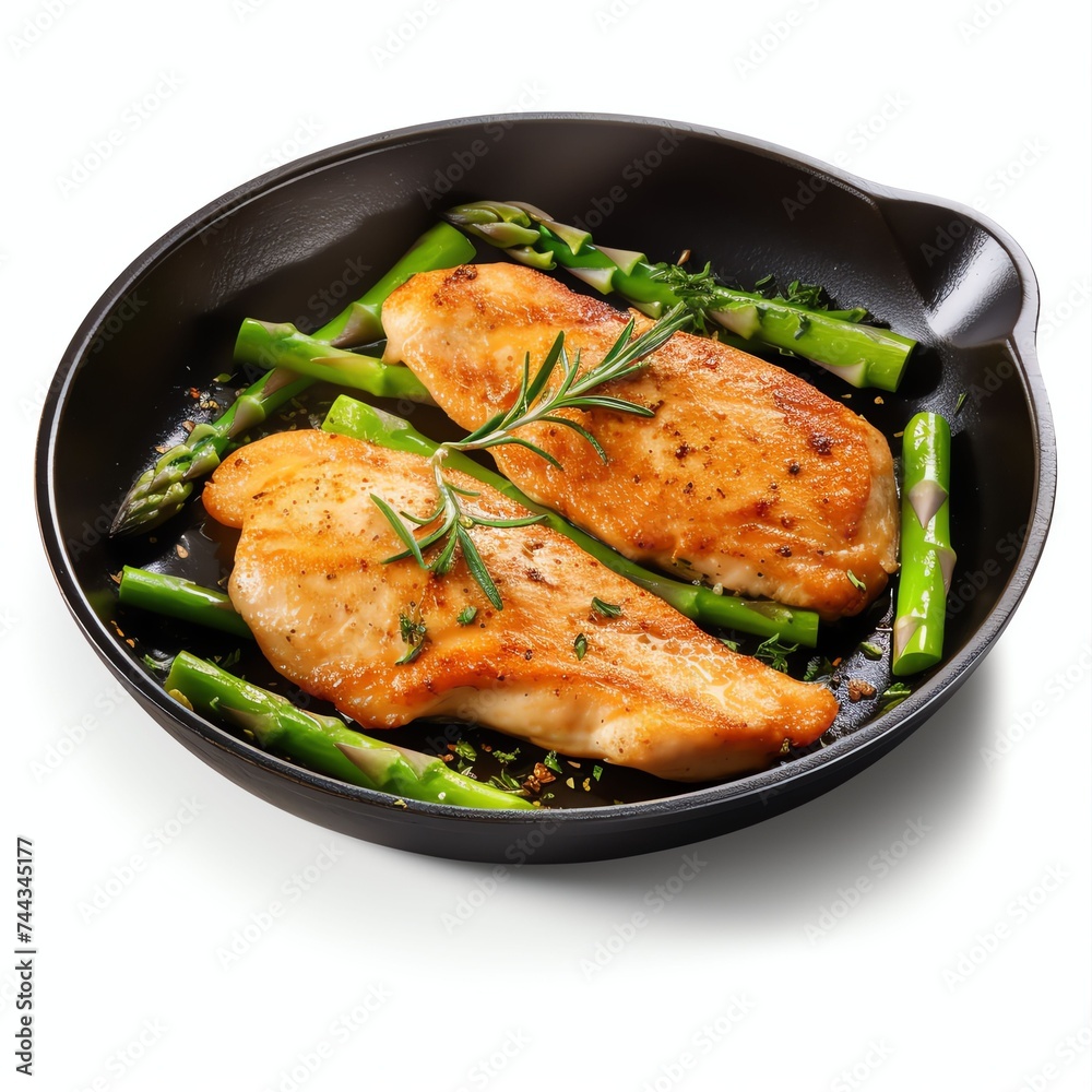 a fried appetizing tasty chicken breast served on skillet with asparagus a fried appetizing tasty chicken breast served on skillet with asparagus