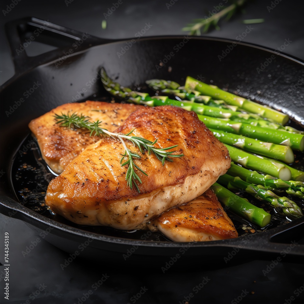 a fried appetizing tasty chicken breast served on skillet with asparagus a fried appetizing tasty chicken breast served on skillet with asparagus