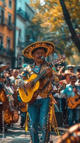 A lively Mexican music band performing in the heart of the city, drawing a crowd with their festive tunes and colorful attire, celebrating Cinco de Mayo.