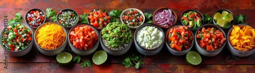 A vibrant Mexican spread with guacamole centerpiece, surrounded by enchiladas, nachos, and margaritas under papel picado decor.