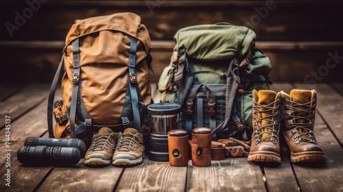 Flat lay composition with trekking poles and other hiking equipment on wooden background.