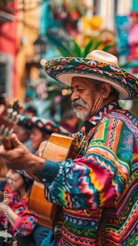 A vibrant Mexican band in the city center captivates with lively music, festive attire, and celebrates Cinco de Mayo.