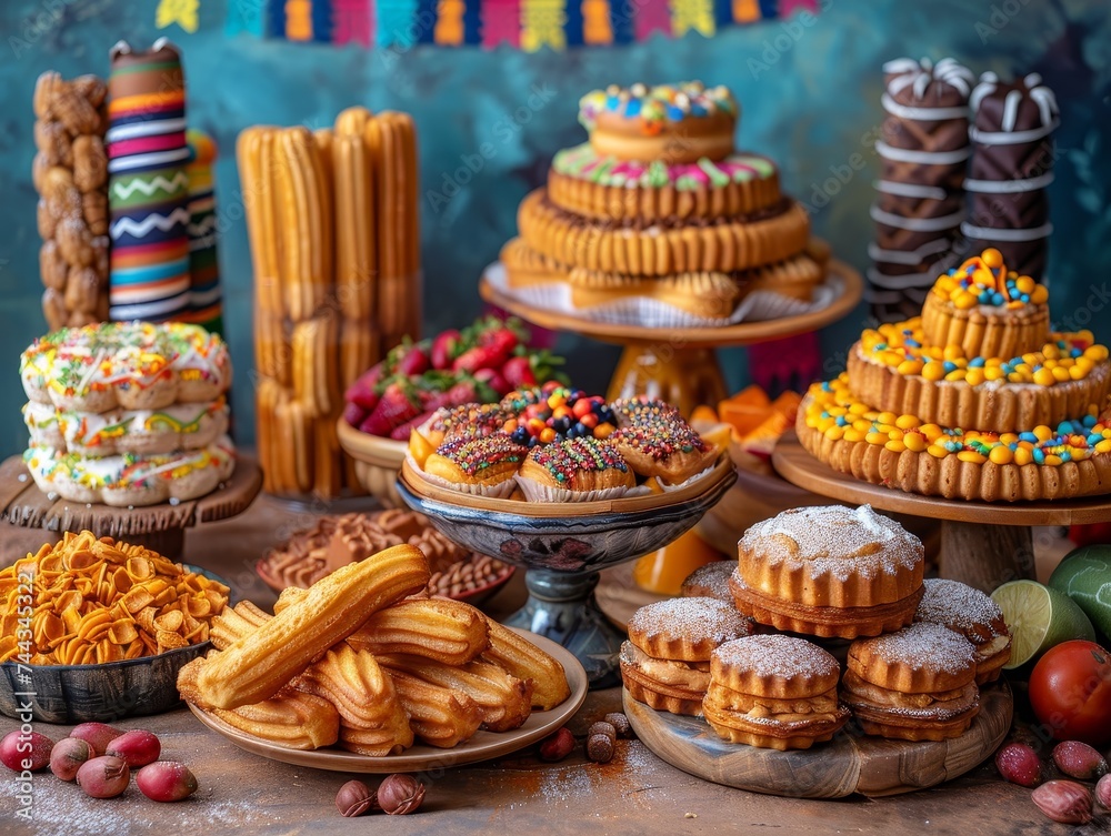 A colorful Cinco de Mayo feast awaits with vibrant Mexican sweets, churros, tres leches cake, and festive flags.