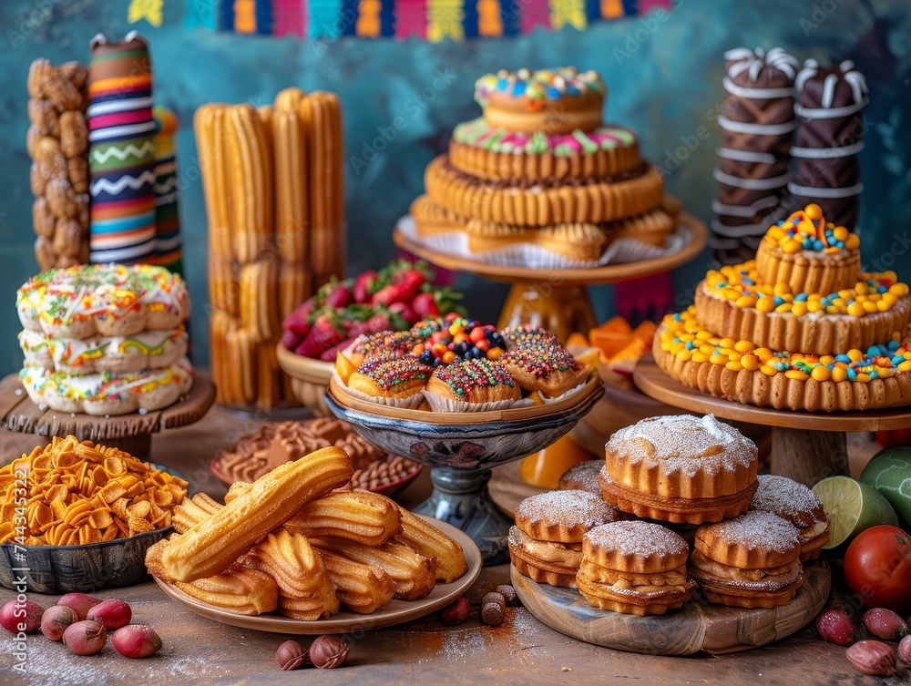 A colorful Cinco de Mayo feast awaits with vibrant Mexican sweets, churros, tres leches cake, and festive flags. A colorful Cinco de Mayo feast awaits with vibrant Mexican sweets, churros, tres leches cake, and festive flags.