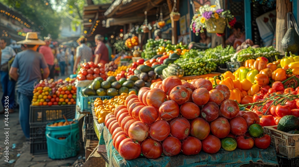 In a lively Mexican market, stalls brim with avocados, tomatoes, limes for Cinco de Mayo, amid a bustling crowd.