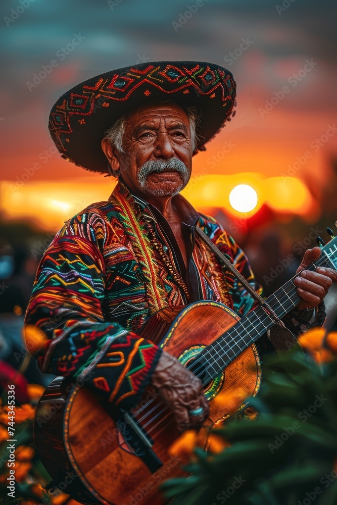 Mariachi musicians in festive outfits play lively music as the sun sets at a vibrant Cinco de Mayo event.