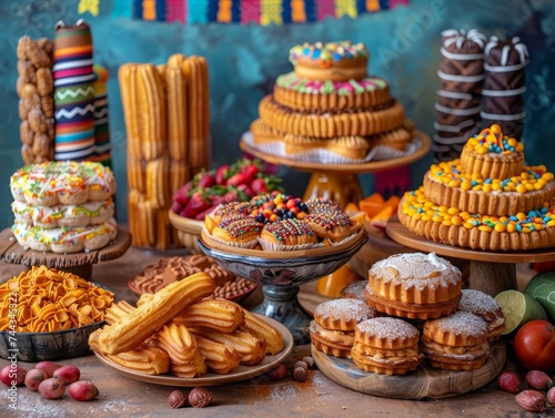 A colorful Cinco de Mayo feast awaits with vibrant Mexican sweets, churros, tres leches cake, and festive flags. © Fokasu Art