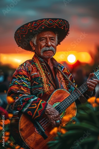 Mariachi musicians in festive outfits play lively music as the sun sets at a vibrant Cinco de Mayo event.