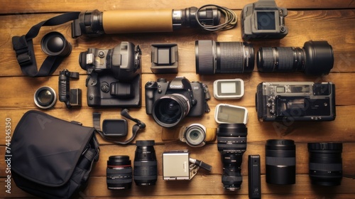 Flat lay composition with trekking poles and other hiking equipment on wooden background.