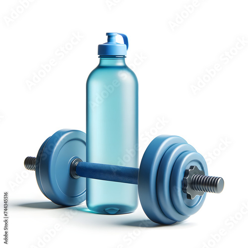 a set of workout equipment consisting of a blue, translucent water bottle and a blue dumbbell with removable weights