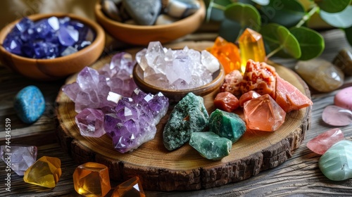 Healing chakra crystals therapy. Alternative rituals, gemstones for wellbeing, meditation