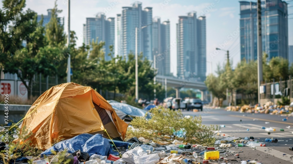 Homeless tent camp and garbage along the road in a modern city  - obrazy, fototapety, plakaty 