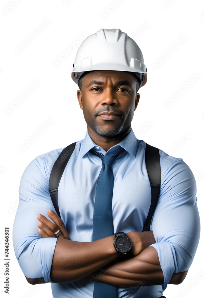 An african american man in hard hat and tie on a transparent background