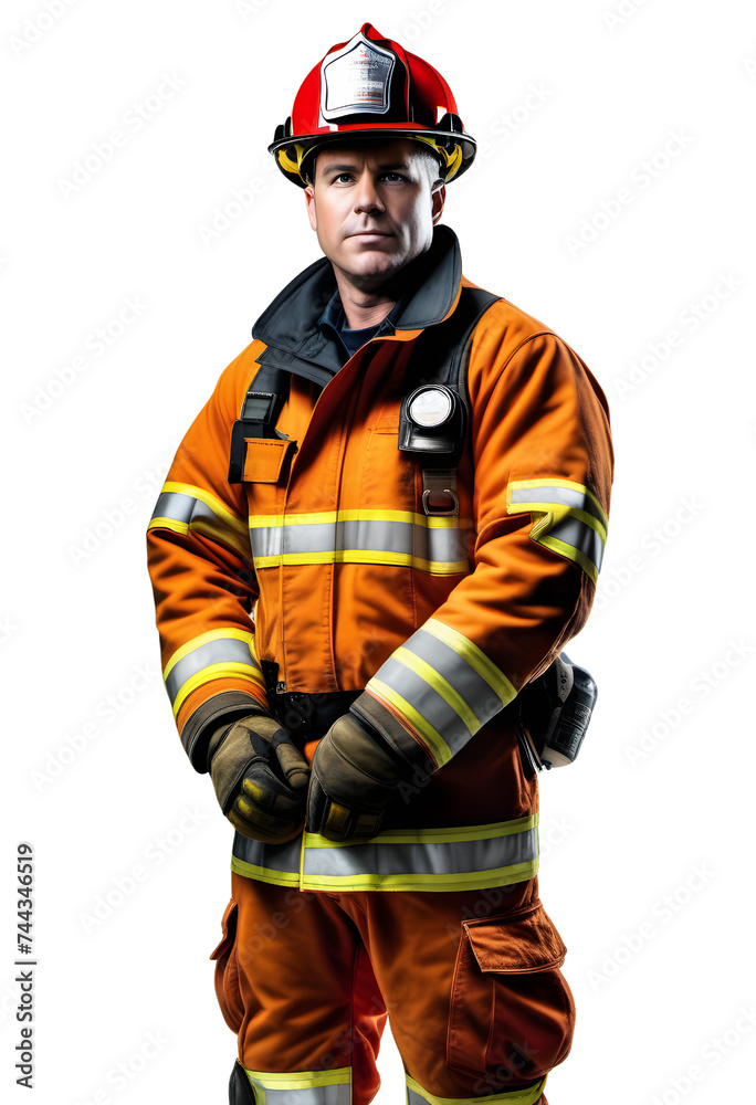 An older fireman standing wearing an uniform on a transparent background An older fireman standing wearing an uniform on a transparent background
