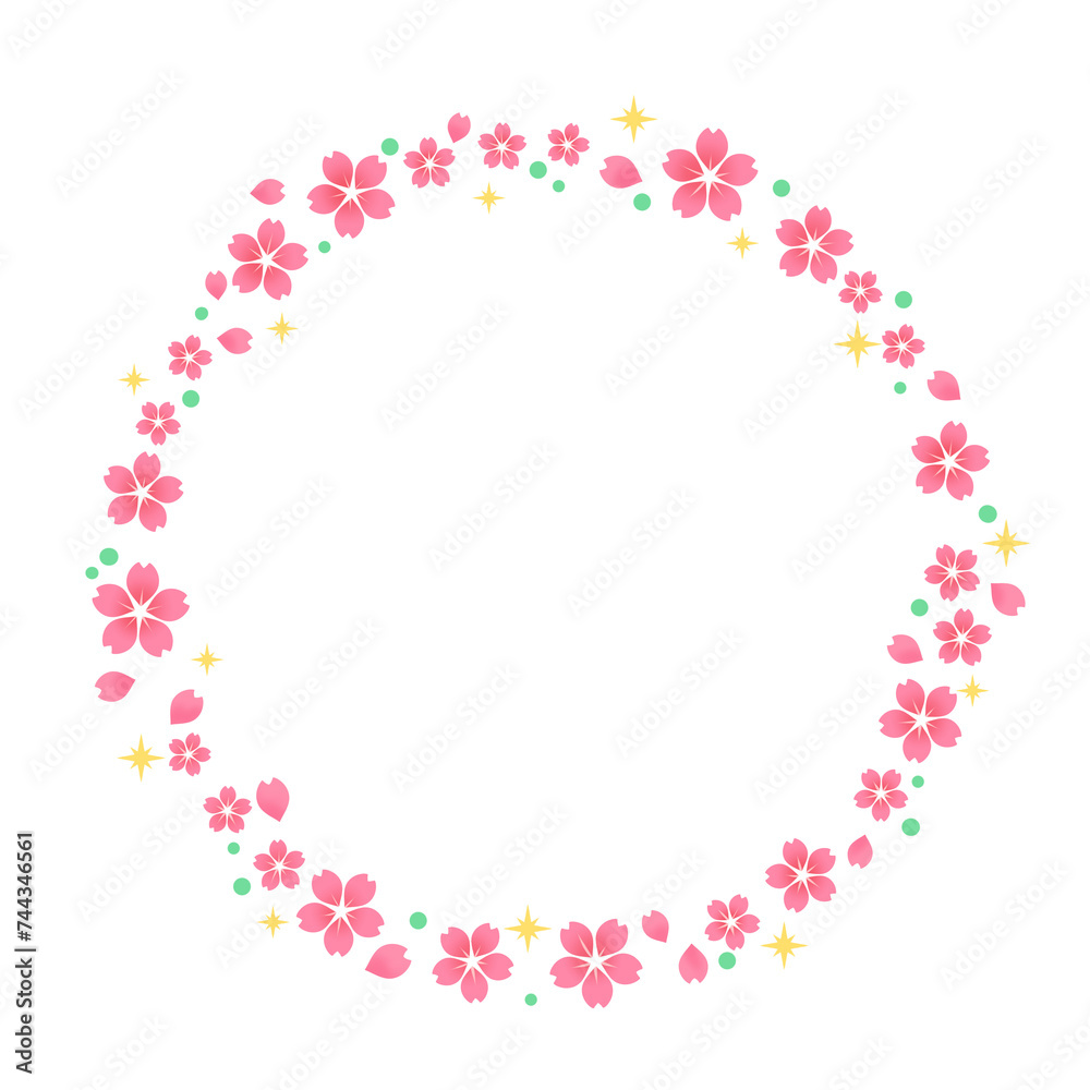 色が濃い目の桜の花と花びらとキラキラの丸い円のフレーム
