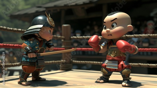 Wallpaper Mural A 3D animated scene of a baby samurai, in traditional armor, facing a muscular boxer in a ring The baby samurai holds a wooden sword, and the boxer is in classic boxing gear, both ready to spar Torontodigital.ca