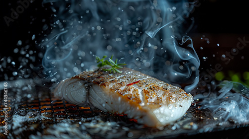 A freshly grilled fish steak sizzling on the grill, with aromatic smoke rising in a dark setting.