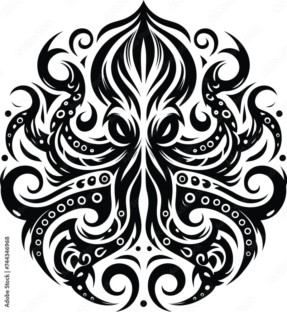 modern tribal tattoos of octopus, kraken, abstract line art, and minimalist contour
