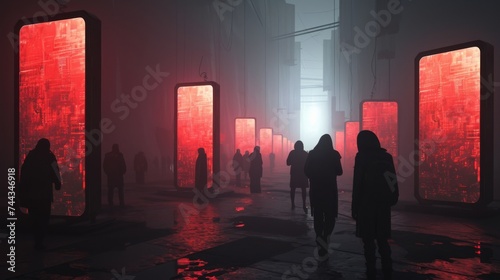 A 3D model of a dystopian world where oversized mobile phones are enshrined, and people worship them as deities The environment is dark and tech-driven, highlighting the phones' control over hu photo