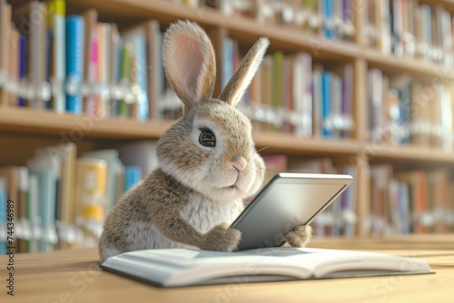 A 3D rendering of a rabbit in a public library  swiftly browsing the internet on a tablet The library is modern and digital-friendly  with other animals also using tech devices  creating a comm