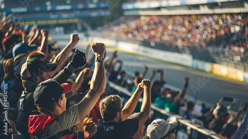A group of spectators are cheering for their favorite driver during a race at a grandstand. The spectators wearing team colors The photo convey a sense of excitement, anticipation, or support. photo