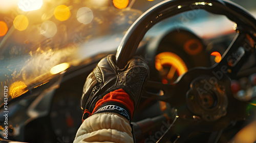 A close-up of a driver's hands are gripping the steering wheel during a race. The driver wearing racing gloves, The steering wheel made of leather, by the lights of the track.