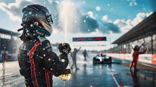 A driver is celebrating their victory in the winner's circle at a racetrack. The driver wearing a racing suit, They spraying hampagne, or they holding a trophy.