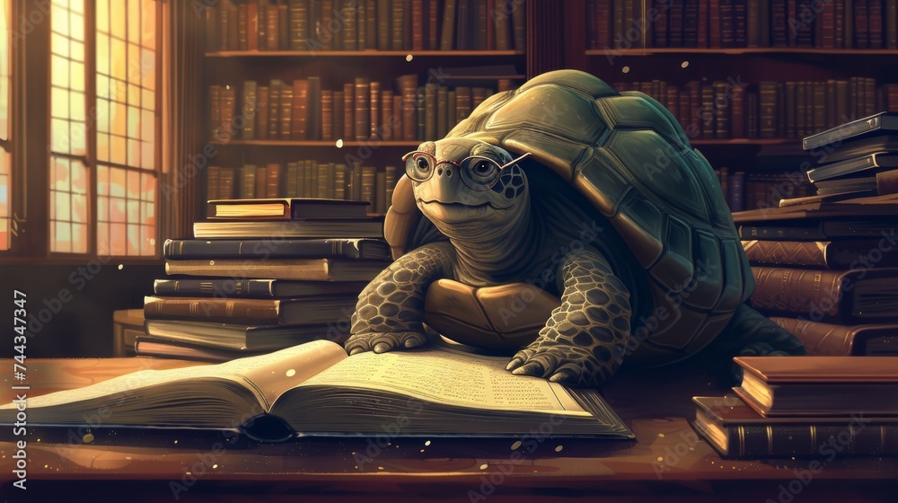 A digital illustration of a wise turtle in a classic library, rapidly ...