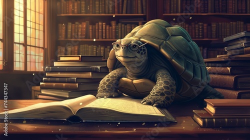 A digital illustration of a wise turtle in a classic library, rapidly flipping through the pages of a large book The turtle wears glasses and is surrounded by stacks of books, symbolizing a thi