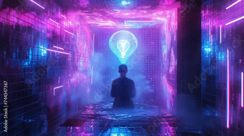A futuristic digital art piece of a person in a high-tech shower, with a holographic lightbulb materializing above their head, symbolizing a futuristic idea Background a sleek, ultra-modern bat photo