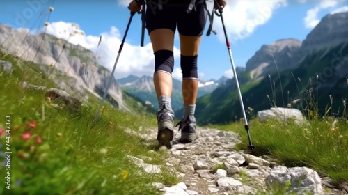 Nordic walking legs in mountains, Woman hiking in mountains, adventure and exercising.
