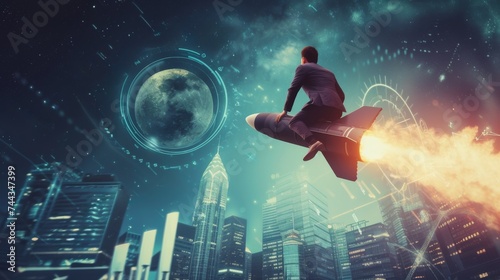 A photorealistic image of a businessman in a suit, triumphantly riding a rocket launcher toward the moon The background shows a bustling financial district with rising graphs and symbols of eco photo