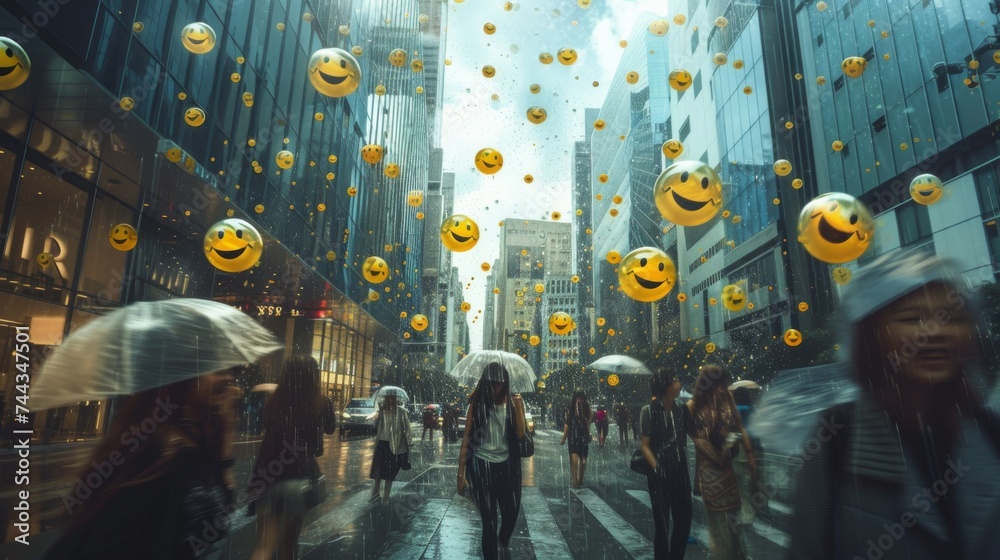 A photorealistic image of joyful raindrops with smiley faces gently falling on people walking on a busy city street People are looking up with happy expressions Urban setting with skyscrapers B