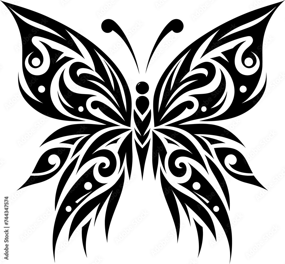 modern tribal tattoo of butterfly, abstract line art, minimalist contour