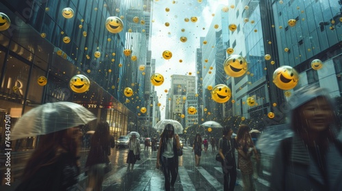 A photorealistic image of joyful raindrops with smiley faces gently falling on people walking on a busy city street People are looking up with happy expressions Urban setting with skyscrapers B photo