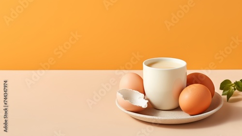 Minimalist Delicious boiled egg with fruit and coffee