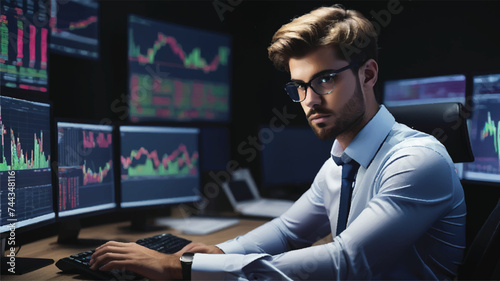 Portrait of Young Handsome Stock Exchange Broker Working on a Computer, Researching Real-Time Stocks Data, Analyzing Commodities and Exchange Market Charts. Professional Investment Agent in Office