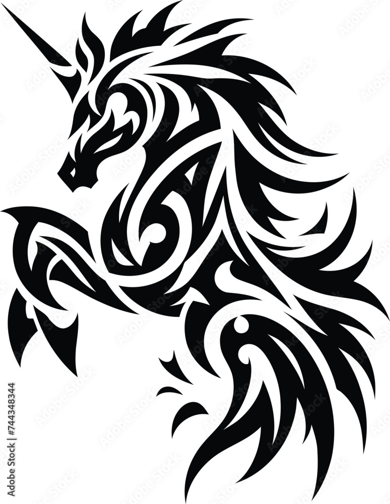 modern tribal tattoo unicorn, pegasus, abstract line art, minimalist contour. Vector