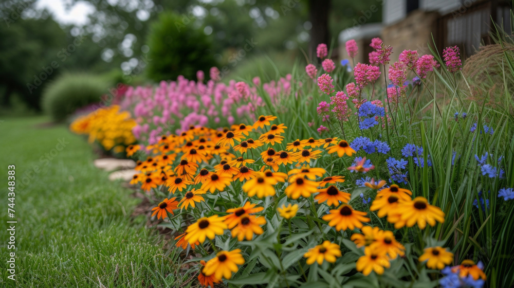 Obraz premium A colorful array of wildflowers and tall gres adorning a droughtresistant garden providing a habitat for local pollinators and reducing the need for additional watering.