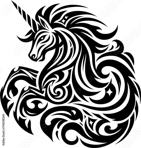 modern tribal tattoo unicorn  pegasus  abstract line art  minimalist contour. Vector