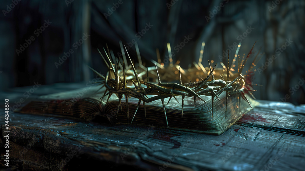 The Bible lies on a wooden table next to the crown of thorns of Jesus Christ - obrazy, fototapety, plakaty 