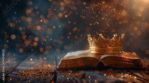 the holy bible lies on the table on the bible there is a golden crown of the king